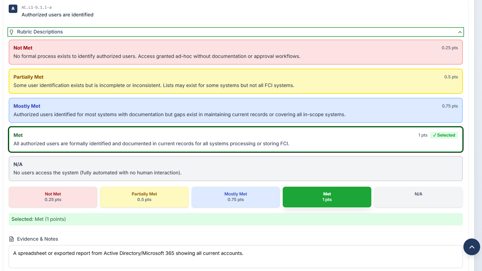 CMMC Level 1 Practice Assessment Interface