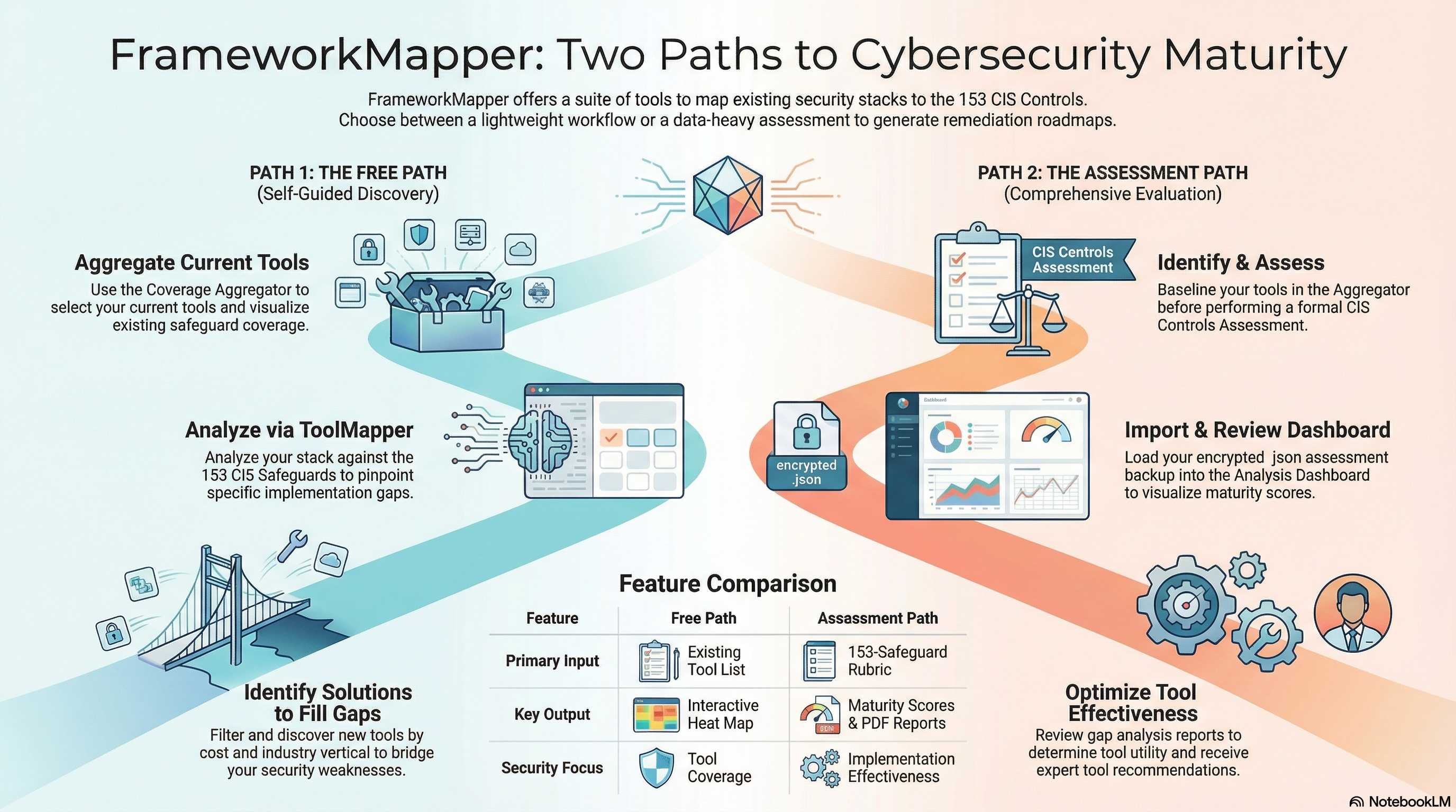 FrameworkMapper: Two Paths to Cybersecurity Maturity - Free Path for self-guided discovery and Assessment Path for comprehensive evaluation